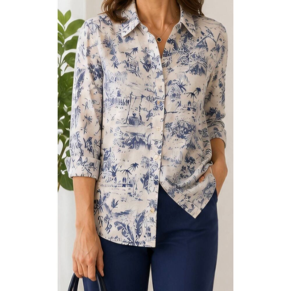 Joie Womens Tropical Print Linen Tunic Button Up Shirt Blue White Size 2X
